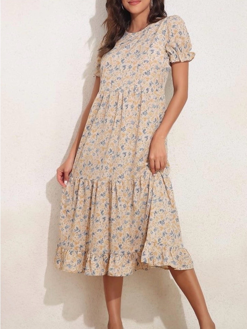 Floral Print Maxi Dress - Cream and Blue